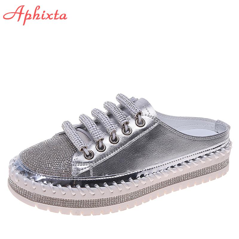Aphixta ;uxury New Flat Platform Half Slippers Women Summer Couple Bling Mules Crystals Lace-up Shoes Slides Plus Size 42 43