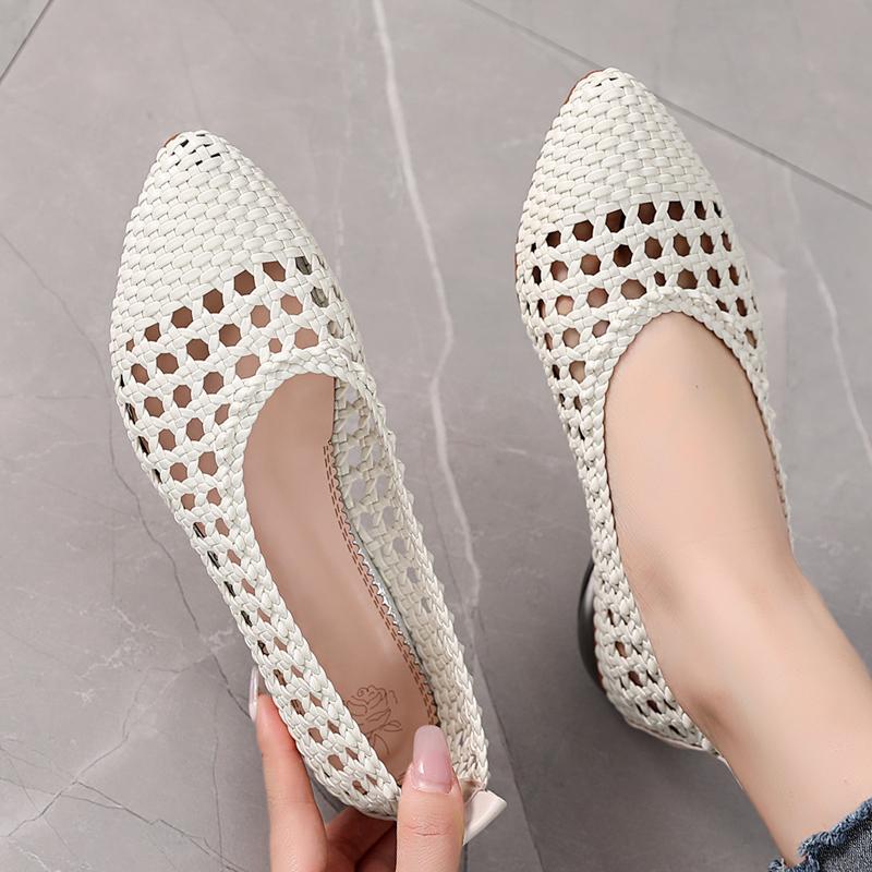 GKTINOO Pumps Sandals Women Pointed Toe Leather Woven Low Heel Soft Sole Outdoor Summer Ladies Shoes