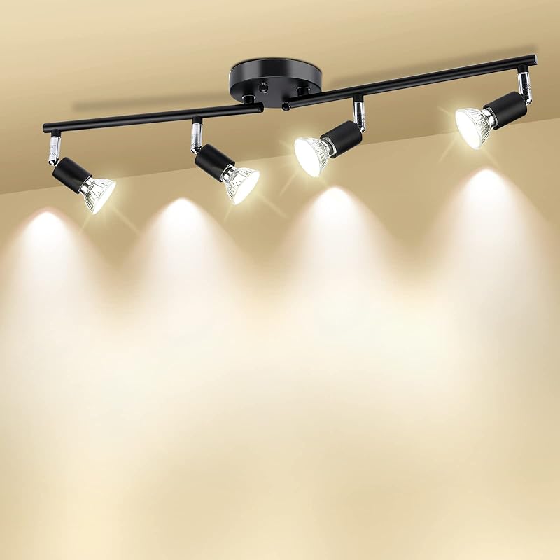 HURYEE Track Lights Ceiling, Black 4 Way Light Fixtures for Kitchen Hallway Bedroom Gallery Fixture Directional Accent Lamp Include 4 Bulbs (4W,