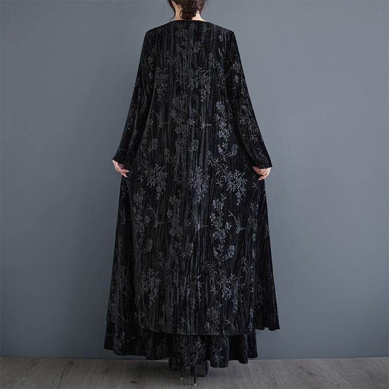 Long Sleeve Plus Size Black Vintage Floral Casual Loose Autumn Spring  Jacket Coat for Women Outerwear
