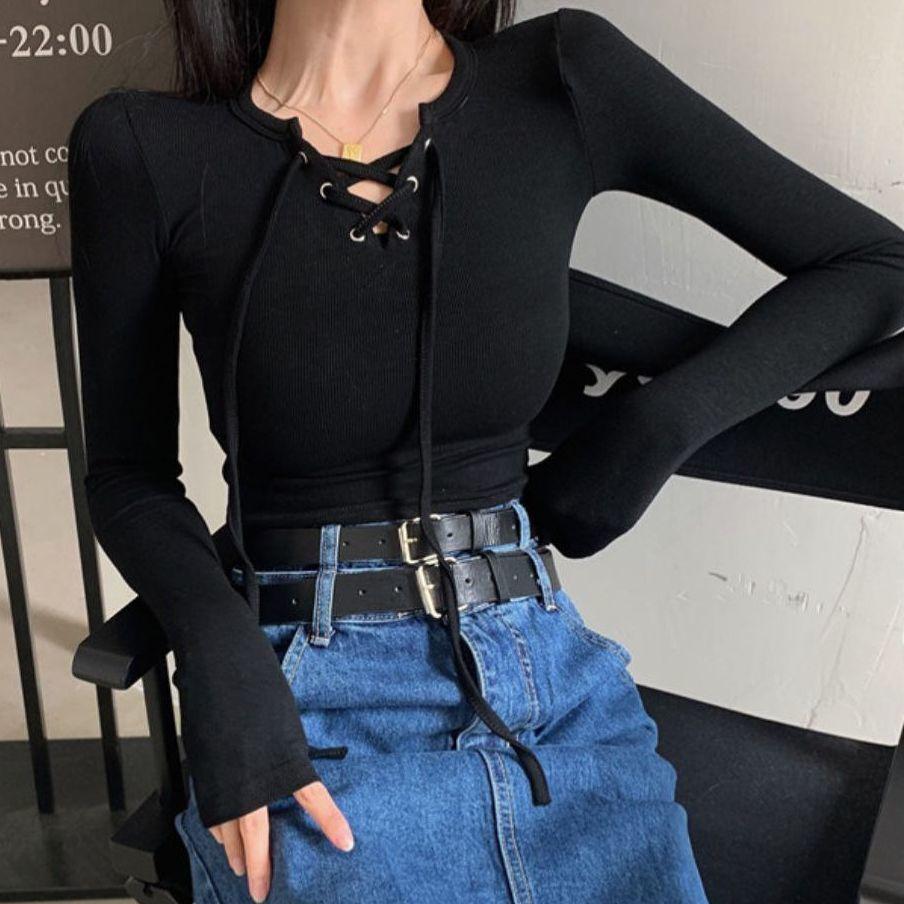 Dámské topy s dlouhým rukávem Sexy přiléhavé letní a jarní šněrování s výstřihem do V Móda Jednobarevné Jednoduché s dlouhým rukávem