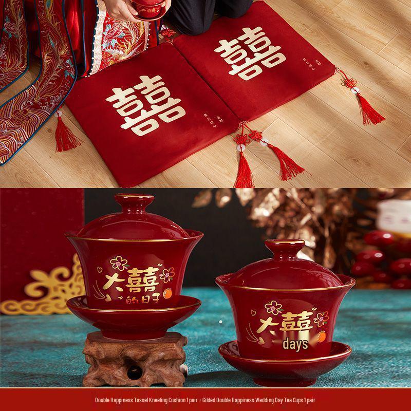 Double Happiness Wedding Kneeling Pad Set - Bride Tea Ceremony Cushions for Sitting and Celebration (Pair)