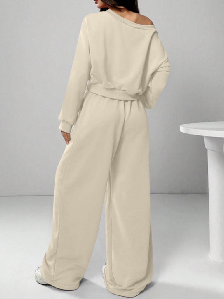 Women's Casual Solid Color Off-Shoulder Knit Sweatshirt Set
