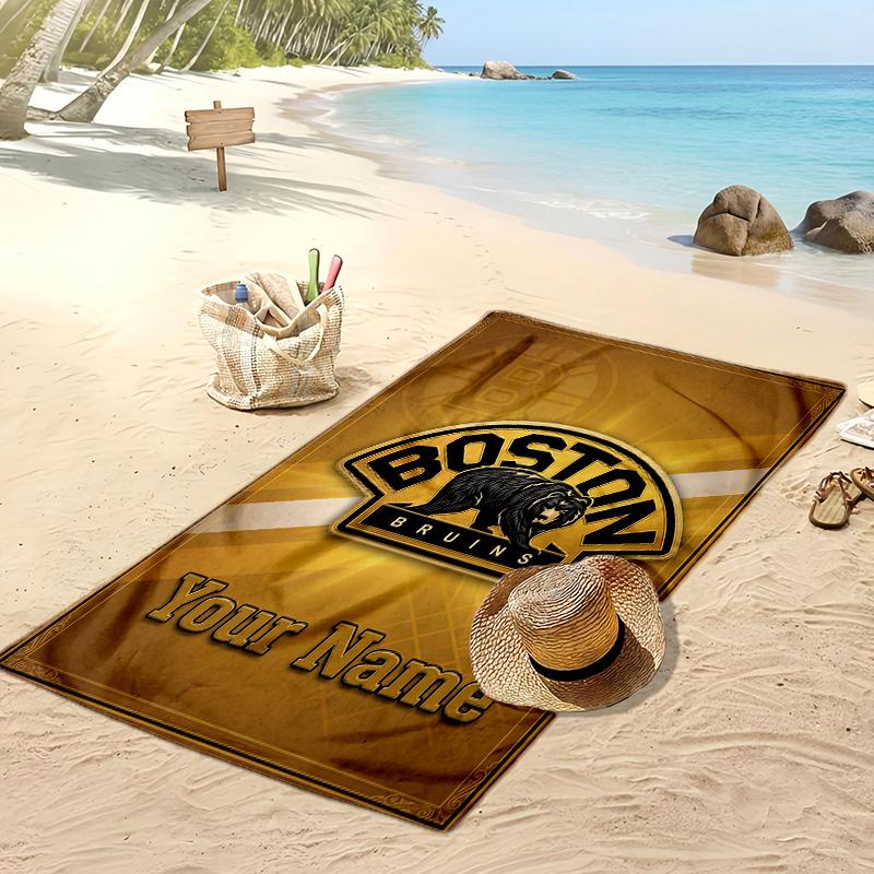 Boston Bruins Custom Beach Towel, Print Your Name Text Lightweight Absorbent Towel for Swimming Travel