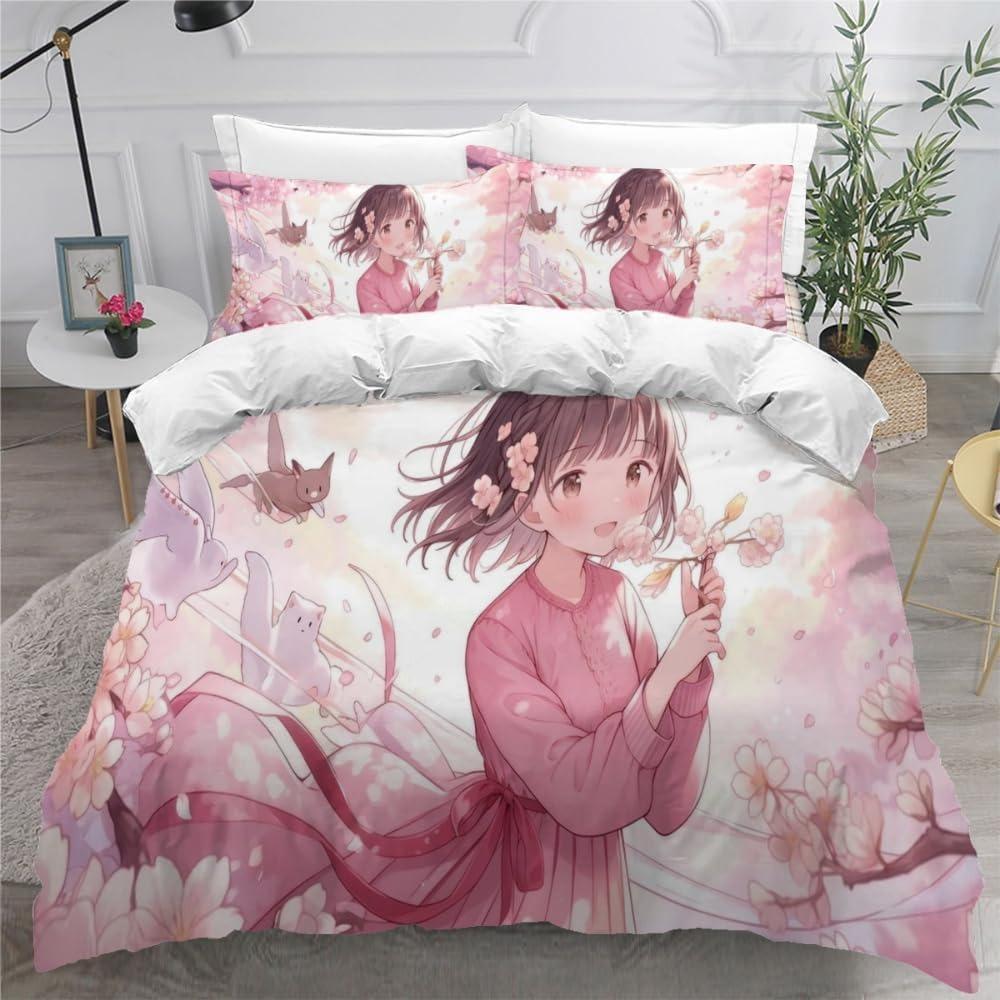 Anime Beautiful Girl Duvet Cover Set ,Cartoon Printed Patterned with Pillowcases, Soft Microfiber Quilt Covers for Girls