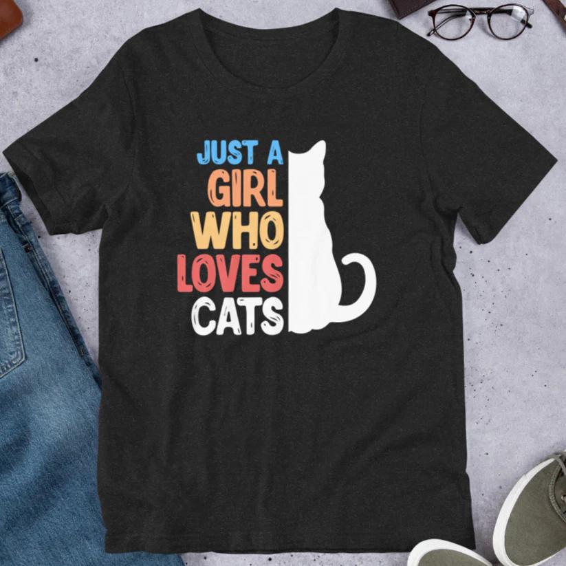 

Korean Style Versatile Fashion Retro Just A Girl Who Loves Cats TShirt Cat Silhouette Graphic Casual Short Sleeve Tee Black 4XL