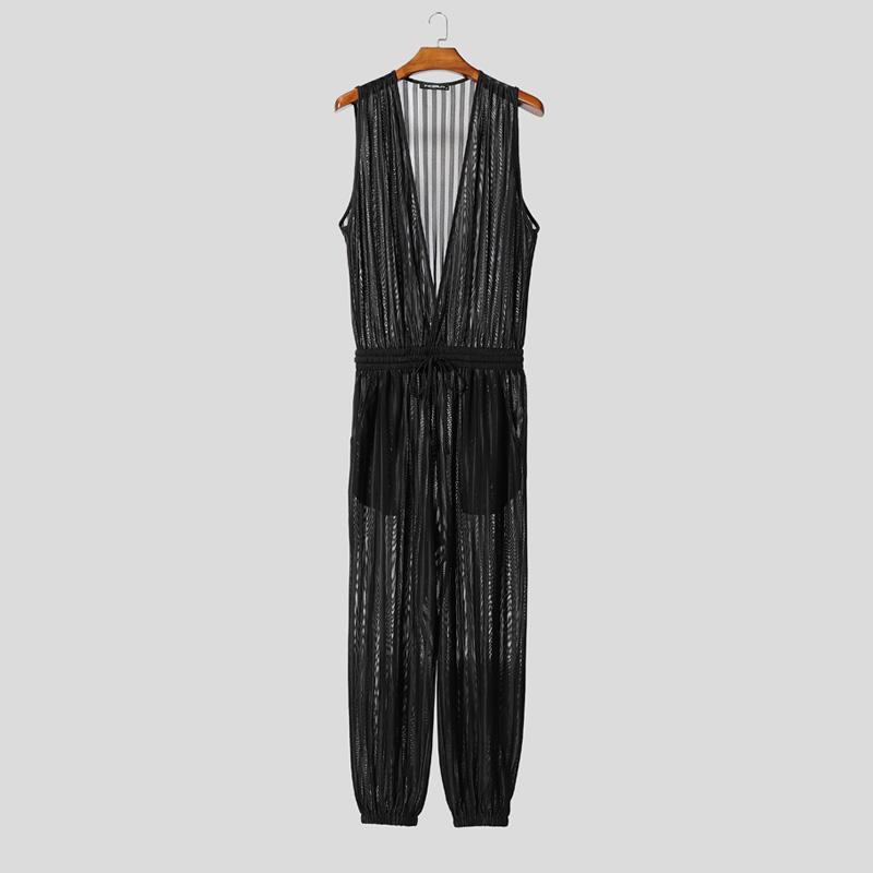 

INCERUN Men Deep V Sleeveless Transparent Striped Mesh Sheer Long Jumpsuits Rompers S чёрный