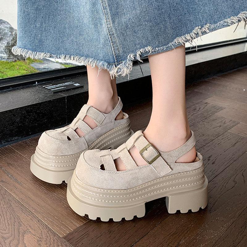 Thick-soled heightening shoes Hollow hole shoes 2025 spring and summer new Mary Jane single shoes Baotou sandals