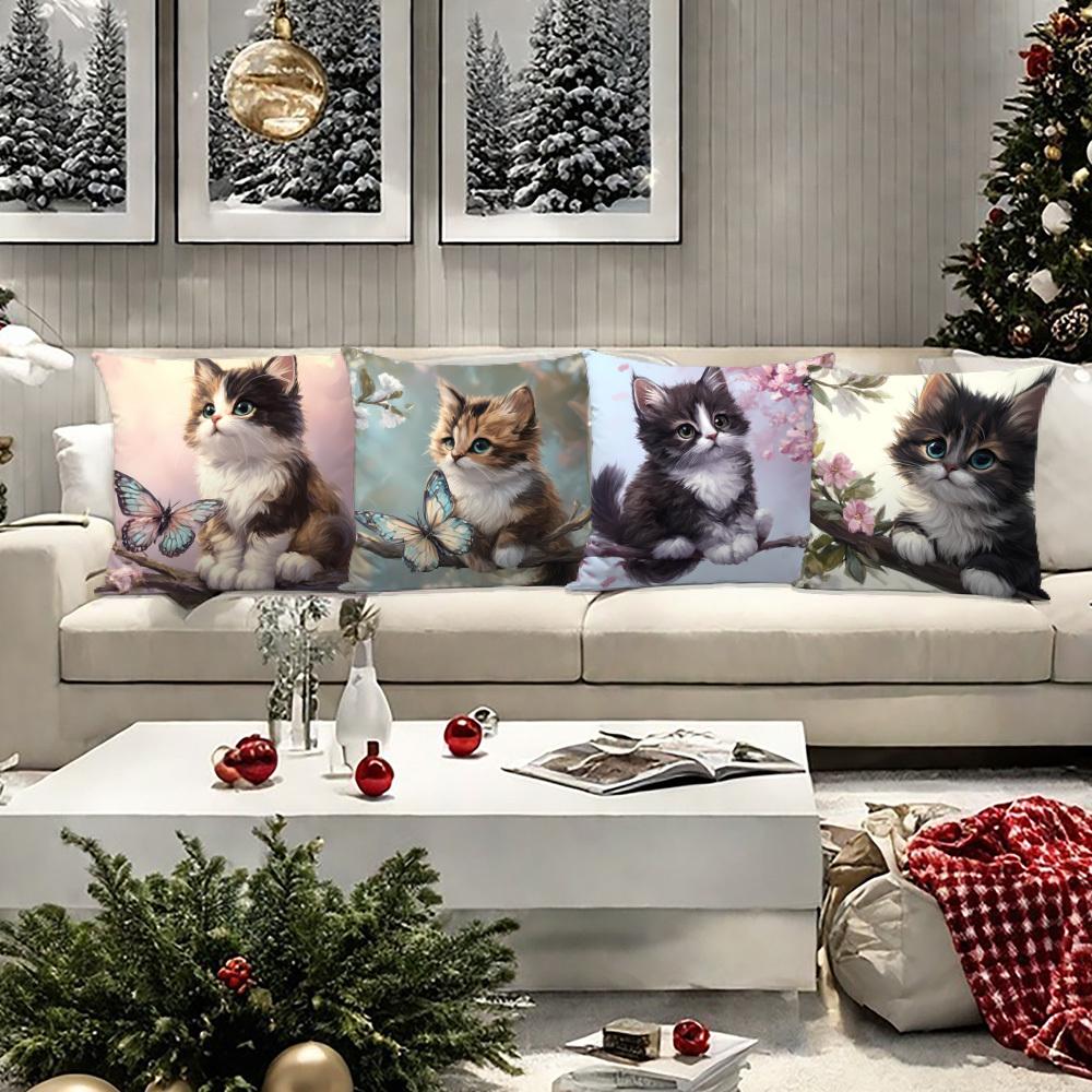 Nature Cat Lover Style Pillow Covers, Cute Kitten On Branch With Butterfly Print Cushion Cases, Cozy Home Decor For Bedroom