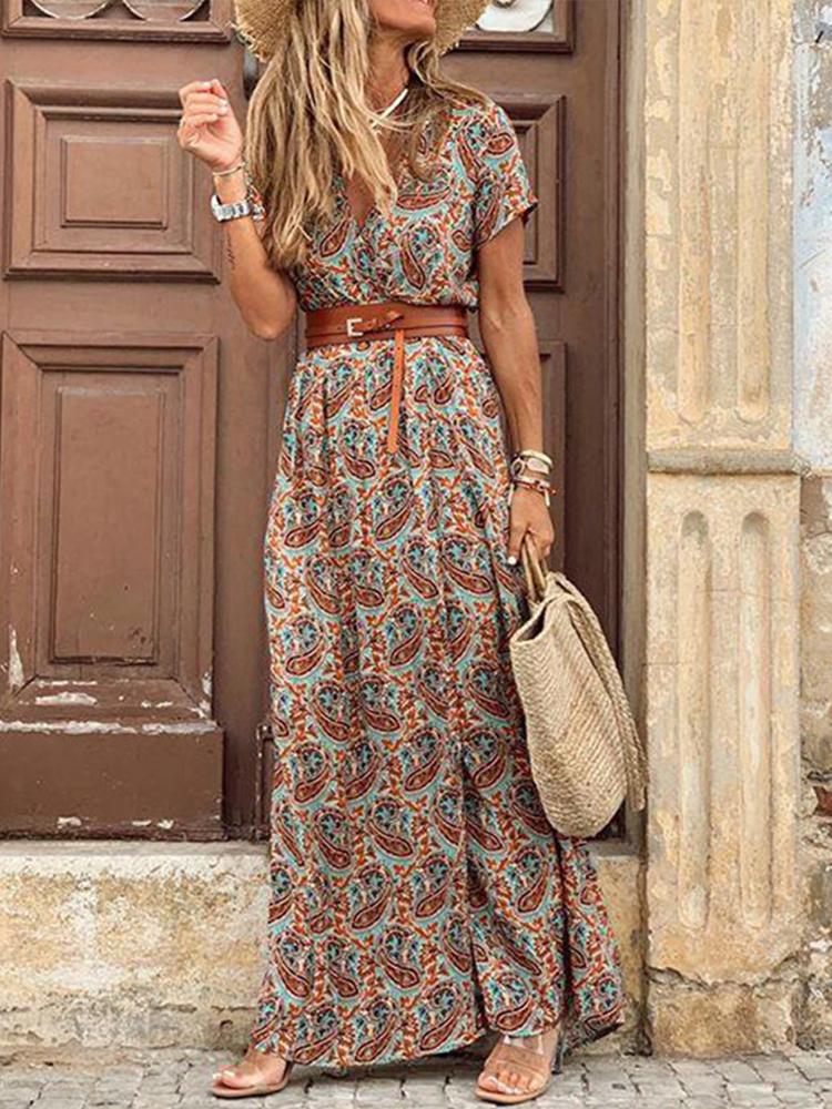 Floral Printed Belt V-neck Short Sleeve Women Long Dress Side Split Summer Lady Holiday Robe