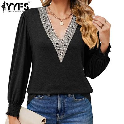 Women's Fashion Casual Spring Fall Solid Color Print Long Sleeve V-Neck Blouses & Shirts