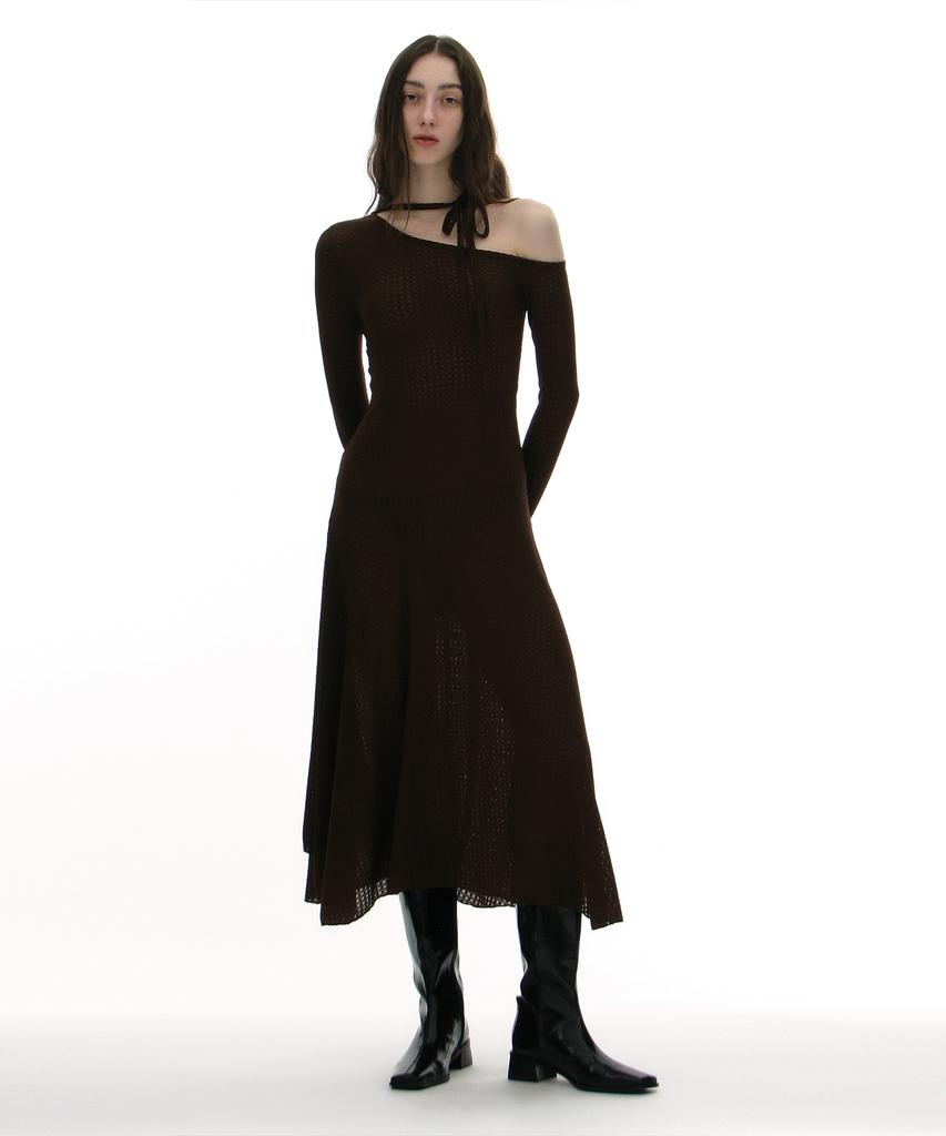 Partimento Woman Jacquard Tie-Neck Midi Dress_Brown