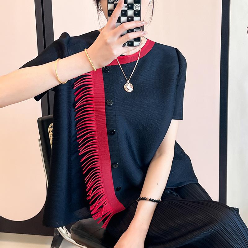 

Блузка Miyake Pleats 2025 Лето с кисточками - Свободный крой, Стройнящая, Дизайн, скрывающий живот One Size чёрный