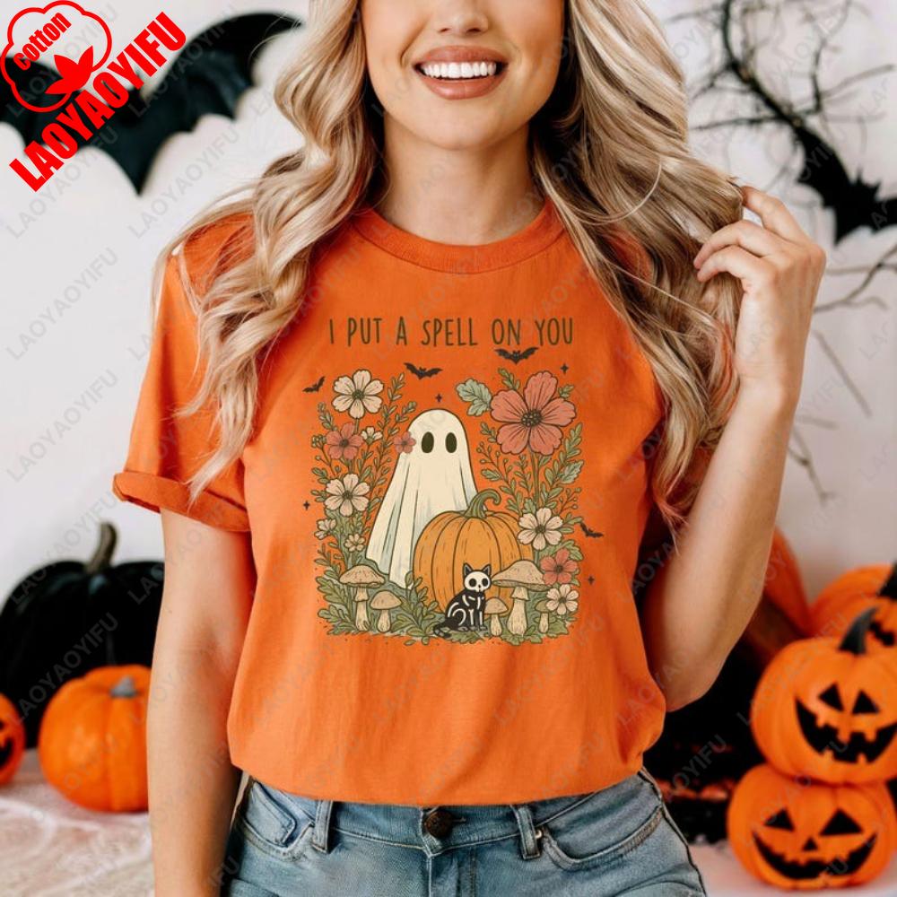 Floral Halloween Ghost Cat Skeleton Graphic T Shirts Spooky Season Unisex Unisex Pumpkin Print Lovely Ghost Floral Tops Tshirt S