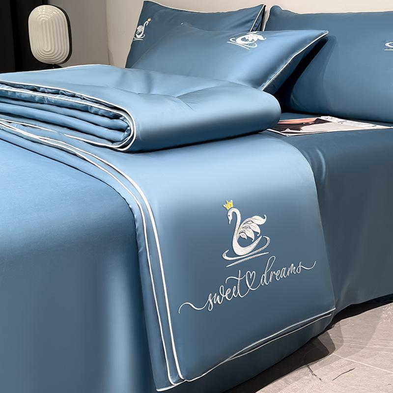 Embroidery Ice Silk Summer Quilt Set, Machine Washable, Luxury Bedding, Solid Color, Home Gift