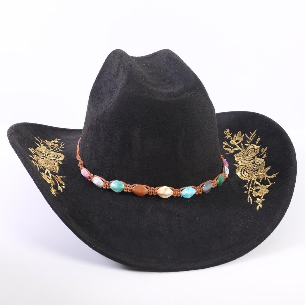 Beliebter europäischer und amerikanischer klassischer Wildleder Western Cowboyhut für Herren und Damen, großer Schirm, bestickt, Outdoor-Sonnenhut