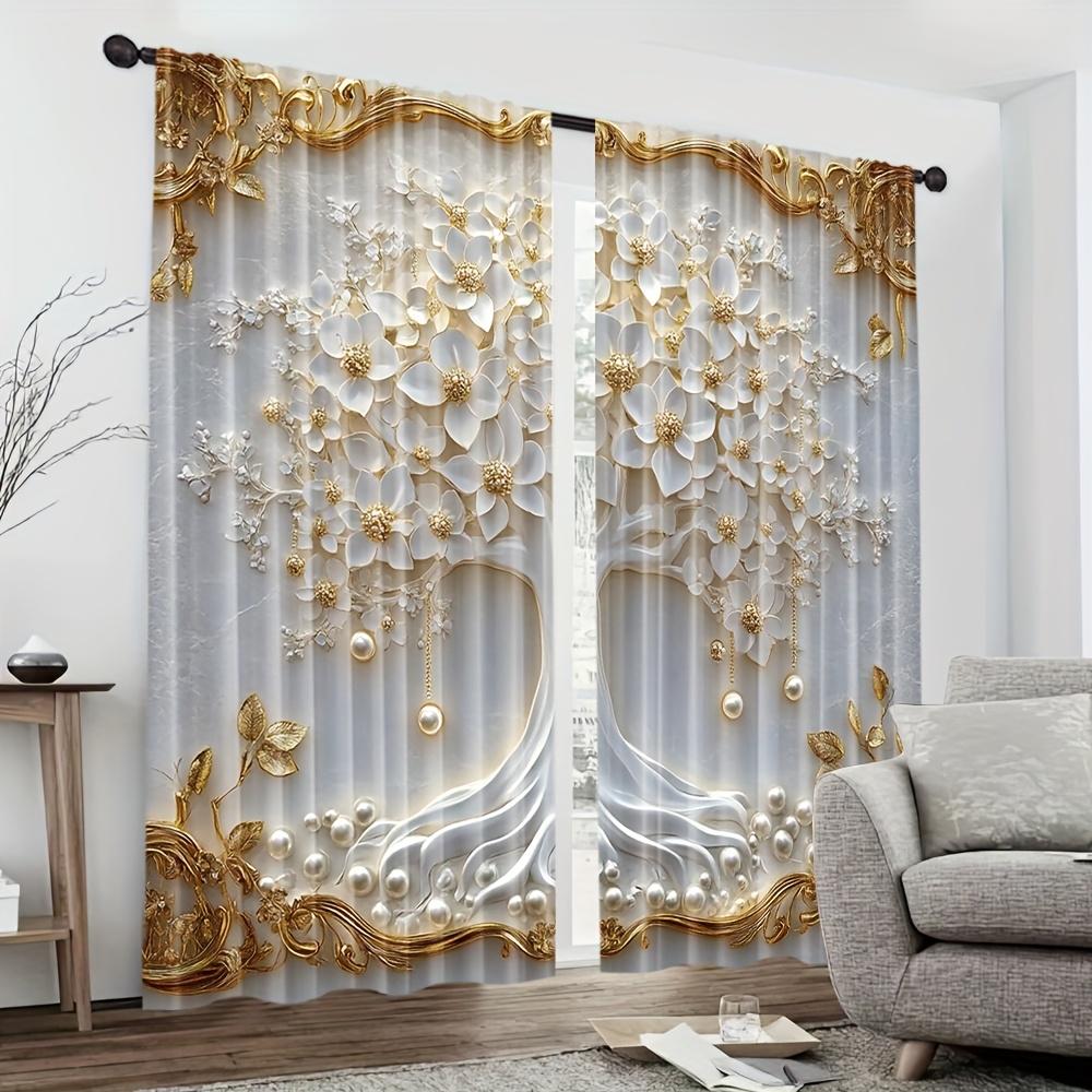 2pcs Elegant Floral Curtains with Gold Accents  Light-Filtering Rod Pocket Design  Ideal for Living Room Bedroom Kitchen and Study