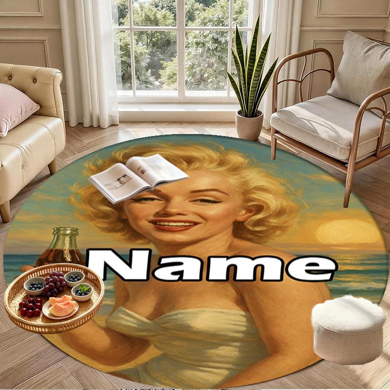 Custom Name Personalized Marilyn Monroe Print Round Rug, Versatile Home Decor Carpet, for Playroom, Apartment, Balcony, Entryway, Hallway Gift