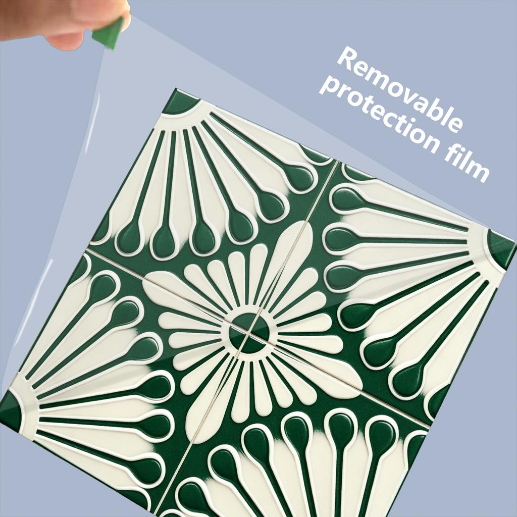 10Pcs Vintage Green Tile Stickers Glossy Self-Adhesive Sunflower Pattern Wall Floor Decals Kitchen Backsplash Home DIY Decoration