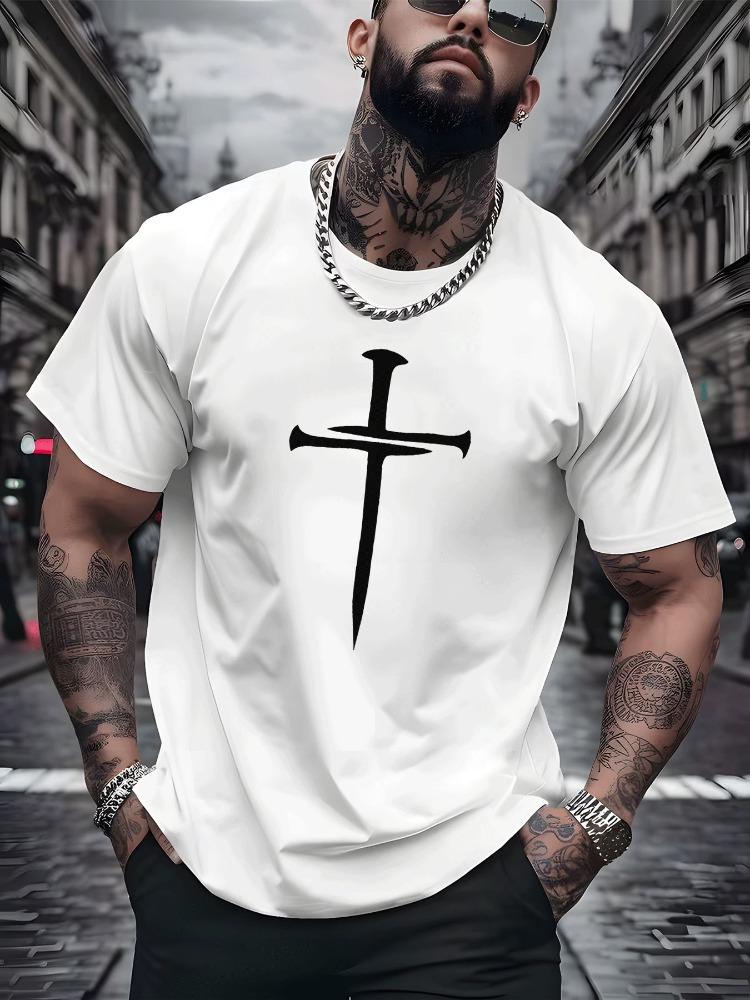 Unisex Summer Cotton T Shirt Nail Cross Graphic Print Short Sleeve Crew Neck Casual Streetwear Loose Fit Fashion Daily Unisexs Tops
