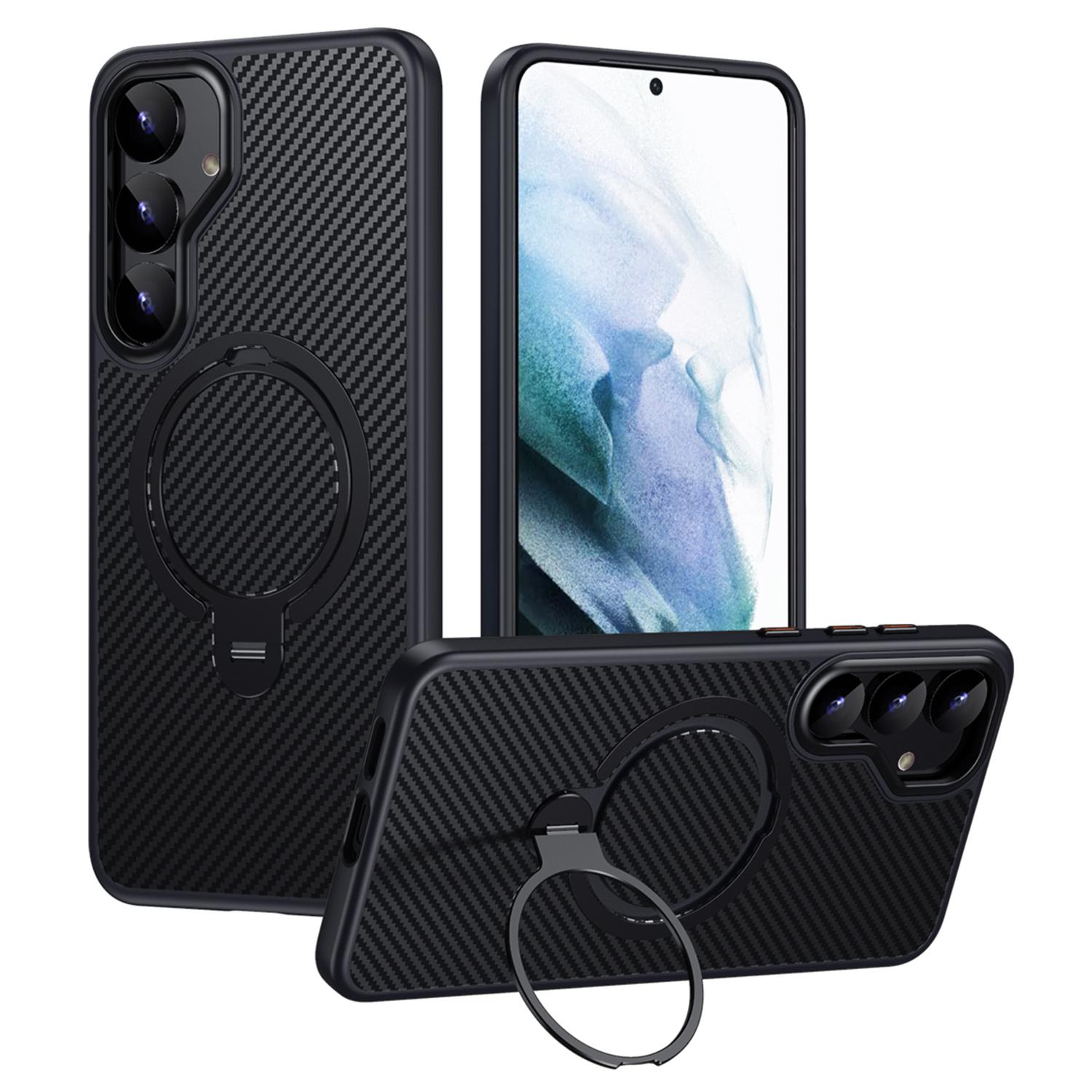 

Для Samsung Galaxy S24+ Чехол Совместимый с MagSafe PC+TPU Чехол для телефона Держатель-кольцо Текстура углеродного волокна Black