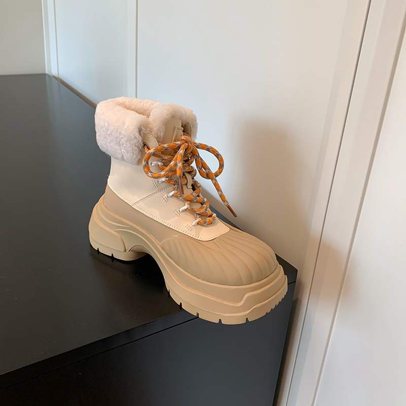 Krazing Pot Cow Leather Wool Blend Winter Round Toe Platform Snow Boots Lace Up Design Women Keep Warm Ankle Boots