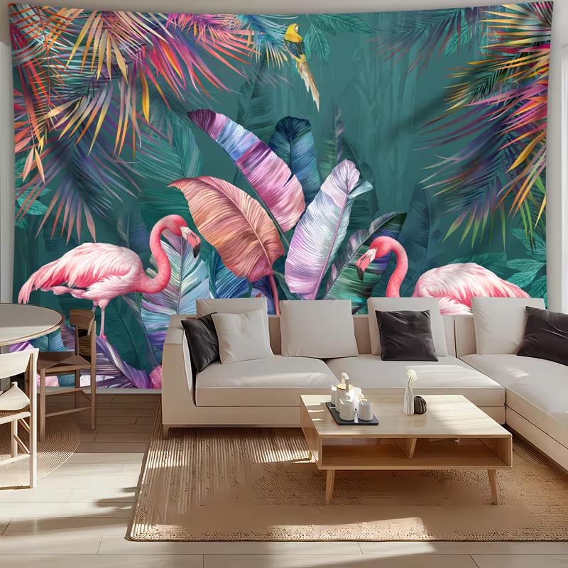 2D Watercolor Flamingo Tapestry Tropical Jungle Scene Wall Hanging