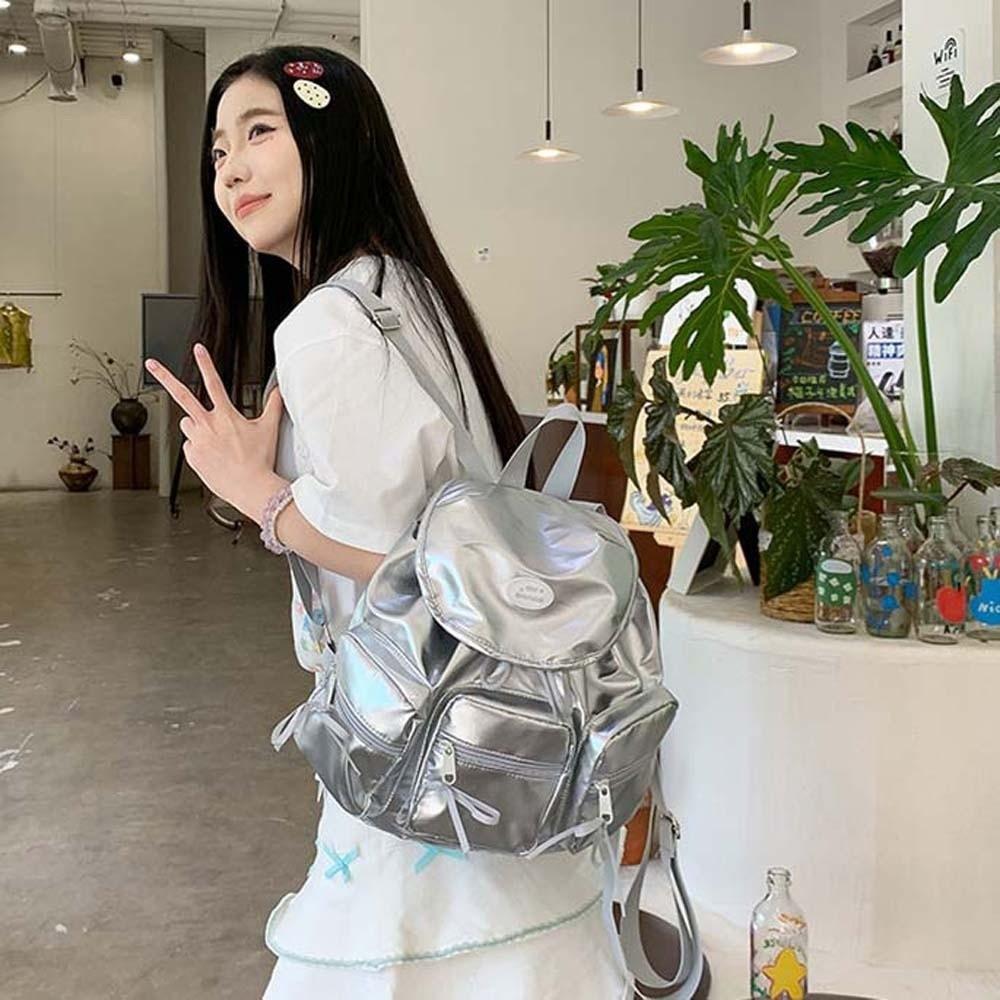 Sweet Women Daily School Bag Large Capacity Silver PU Daypack Korean Drawstring Backpack  Outdoor