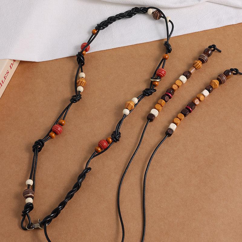 Boho Style Mixed Color Wood Beads Genuine Leather Braided Texture Ethnic Style Handmade Women's Belt Casual Vacation Style Waist Rope