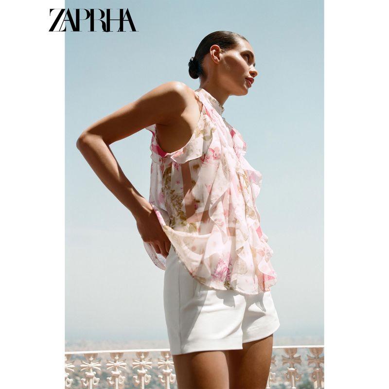 Zaprha 2025 Summer New Sweet Flower Print Laminated Decorative Turtleneck Sleeveless Top 2298125