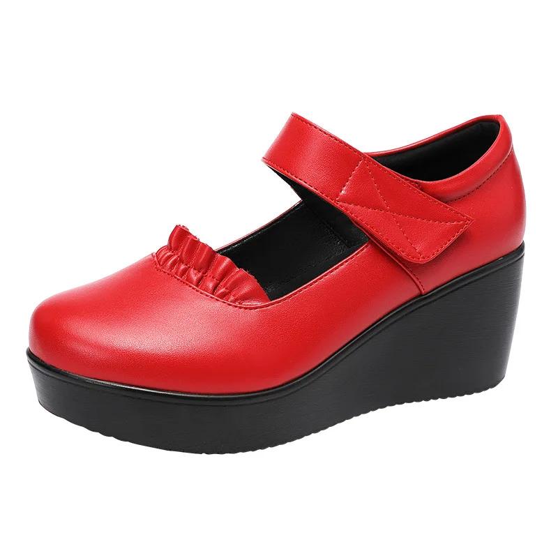 6cm Small Size 32-43 Comfortable Med Heels Pumps Soft Leather Mary Janes 2025 Women's Platform Wedges Shoes for Office Mom Dance