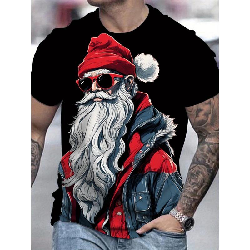 Sommer Herren Bequem Modisch Weihnachtsmann 3D Digital Bedrucktes T-Shirt- Weiches Mittel Elastisches Polyesterfaser Gewebe Sommer Locker Freizeitkleidung