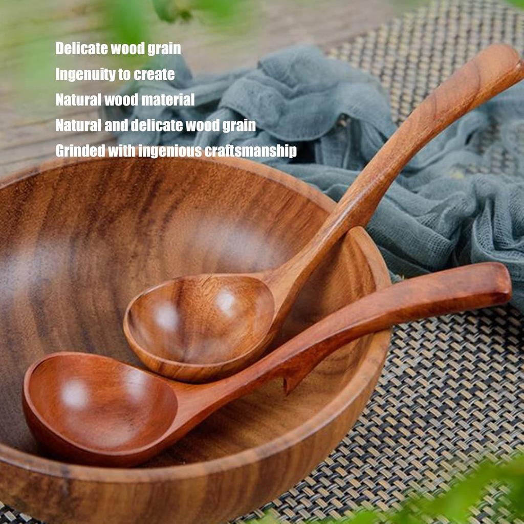 Wooden Soup Ladle, Acacia Wood Soup Spoon with Back Hooks Long Handle Porridge Spoon Kitchen Utensil for Cooking, Serving and Stirring (9.5inch)