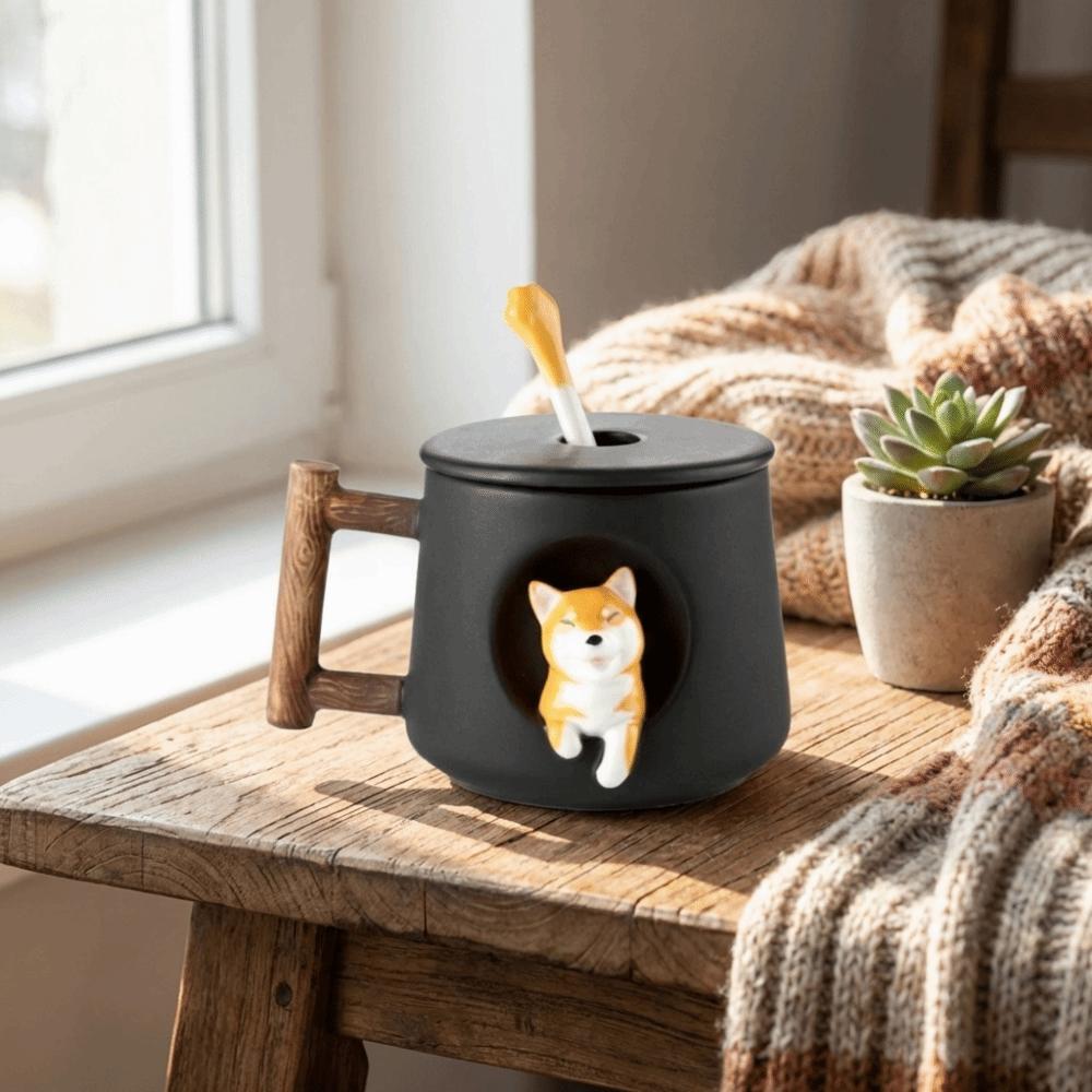 Creative Cartoon 3D Ceramic Mug 420ml Dog Design Milk Tea Cup Heat-resistant with Lid and Spoon Water Cup Breakfast