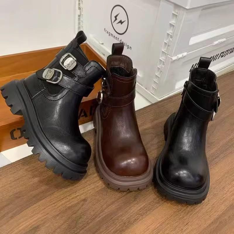 Autumn/Winter Fashionable and Versatile Leather Boots for Girls British Style Fleece-lined Short Boots Non-slip Soft-soled Cotton Boots