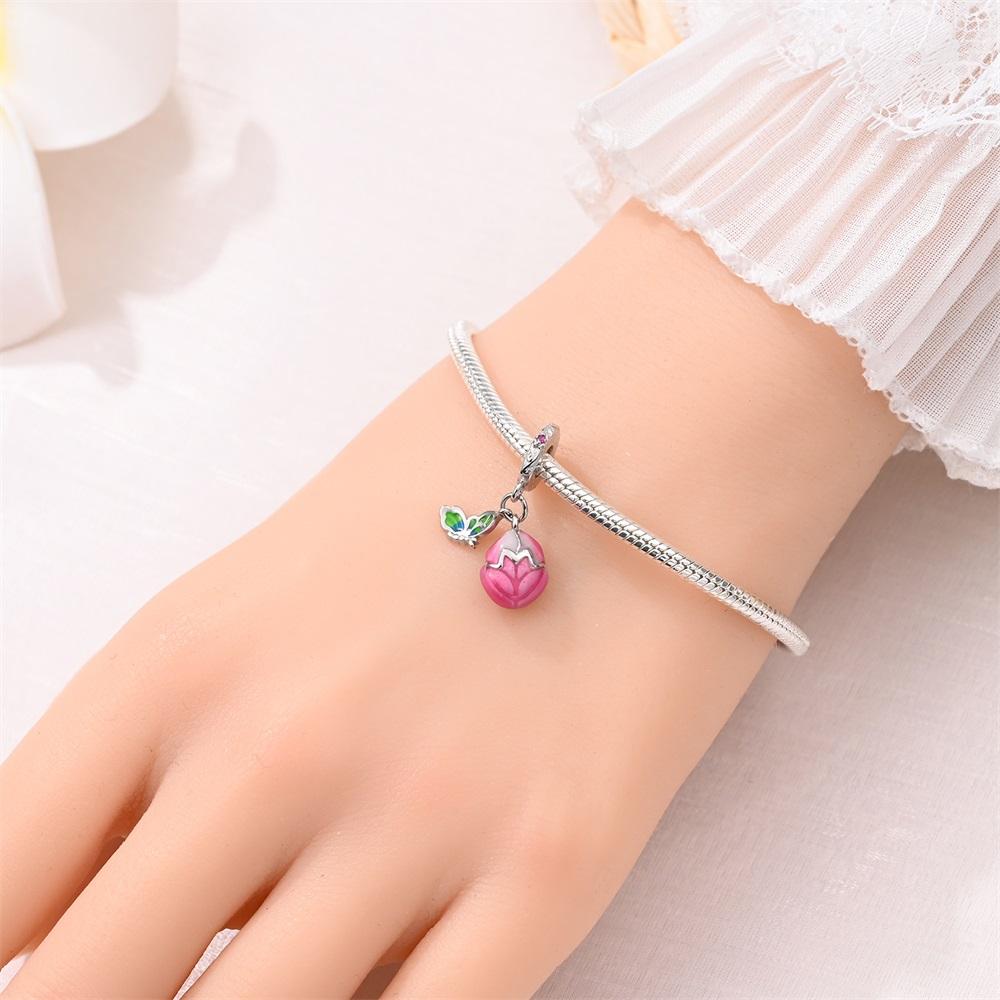 copper Green Butterfly and Pink Flower Bag Dangle Charm Compatible With Do It Yourself Bracelets Necklaces Womens Romantic Jewellery