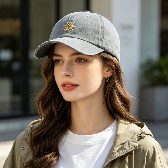Yousheng Stickerei Sonnenmuster Baseballkappe, Verstellbare Hintere Schnalle Retro Used-Look Baseballkappe, Gewaschenes Baumwollgewebe Outdoor Sonnenschutzkappe