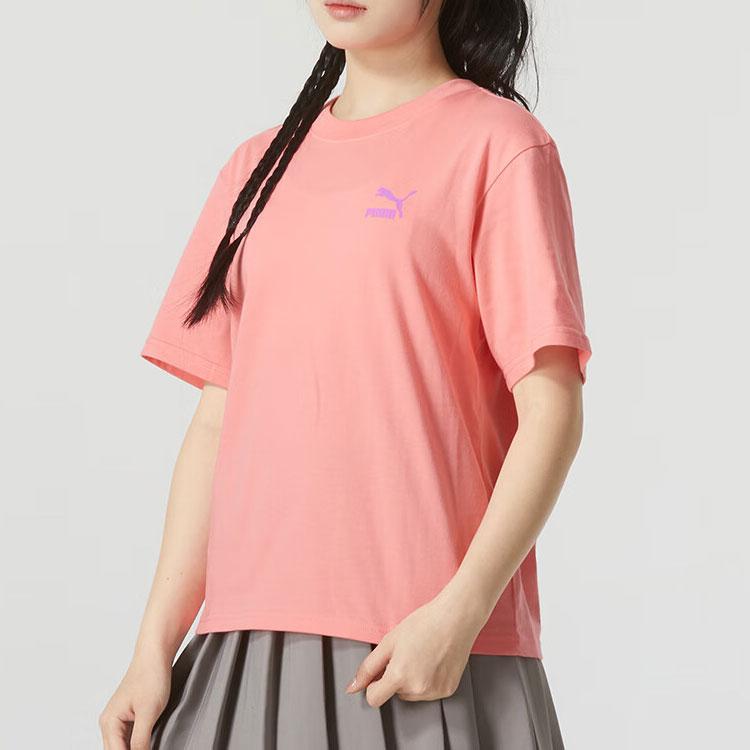 Puma Logo Print Ribbed Round Neck Comfortable Sports Short Sleeve Drop Shoulder T-Shirt Women T-Shirt Peach 682345-26