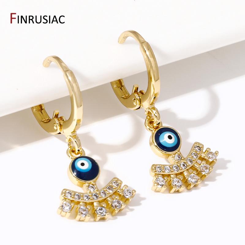 Fashion Crystal Evil Eye Charm Drop Earrings for Women Gold Plated Brass Greek Eye Dangle Hoop Earrings Birthday Jewelry Gift