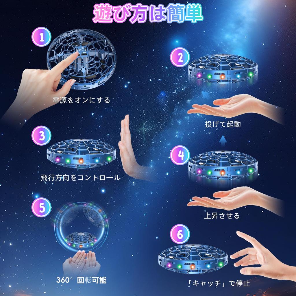 Flying Ball UFO Gesture LED Automatic Obstacle for Certified In Birthday Student Blue Toy, Control, Light, Avoidance, 360° Rotation, Kids, Japan,