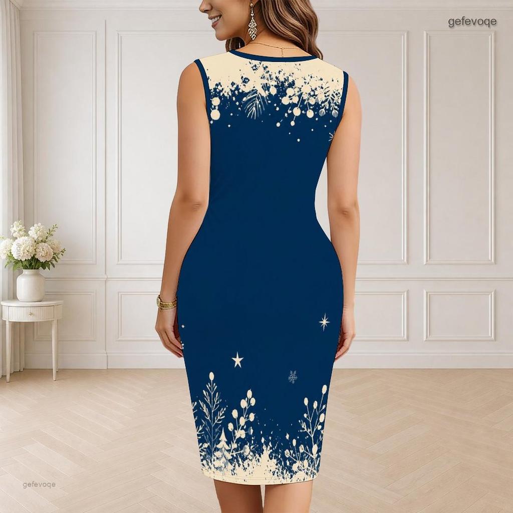 Women Plus Size V Neck Sleeveless Navy Blue Snowflake Printed Bodycon Midi Dress