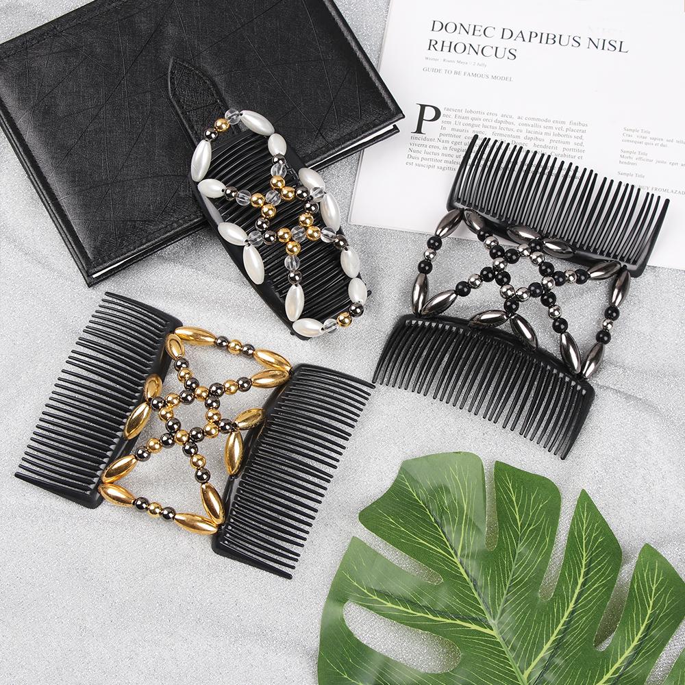 Women Magic Hair Comb Hairpins Elastic Hairpin Stretch Double Hair Comb Handmade Beaded Hair Clip DIY Hair Styling Tool