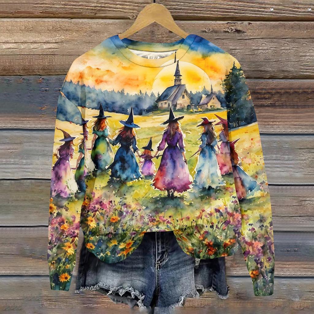 Women's Halloween Print Long Sleeve Neck T-Shirt