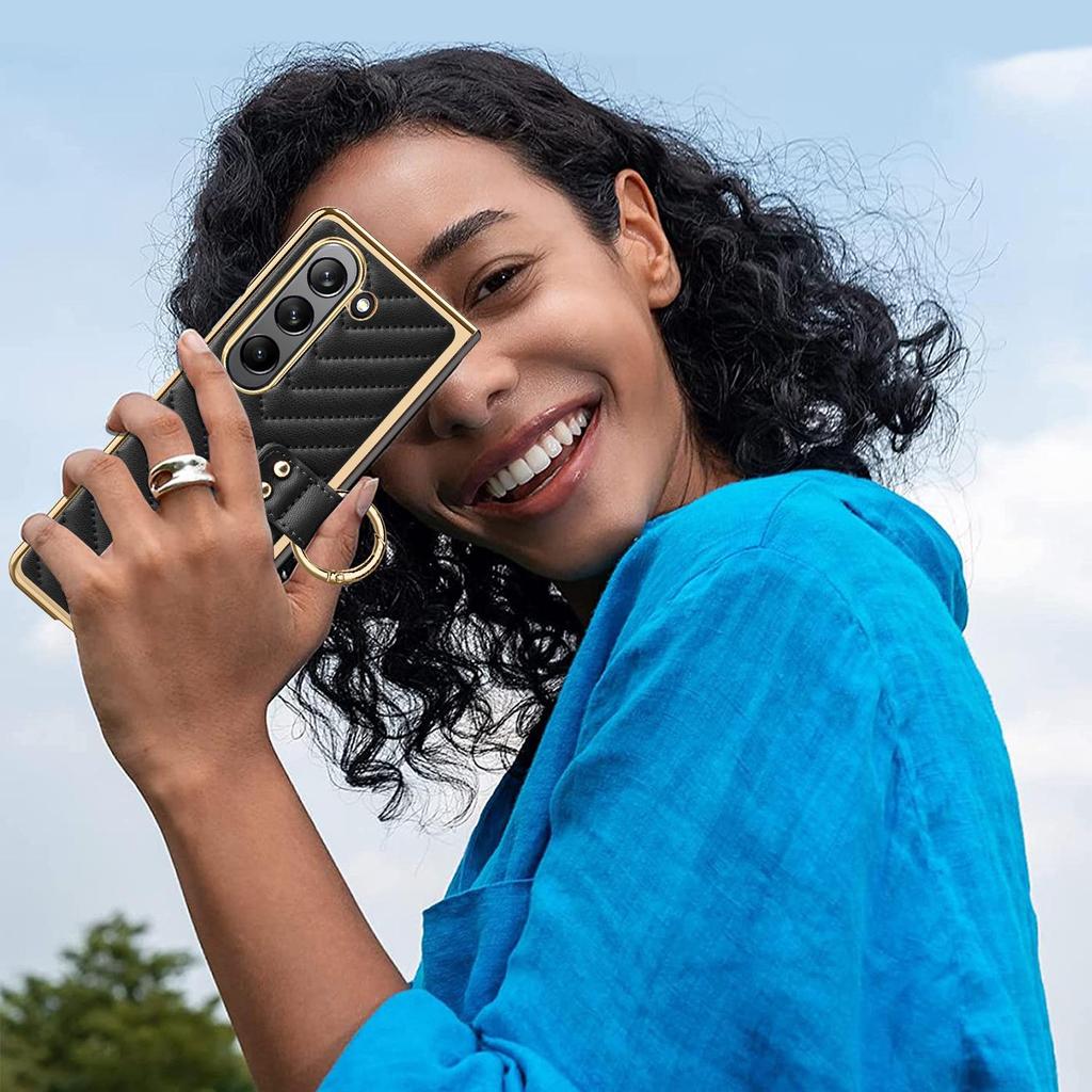 Samsung Z Fold7/6/5 PU Leather Flip Case with Plated Diamond Grid Ring Stand