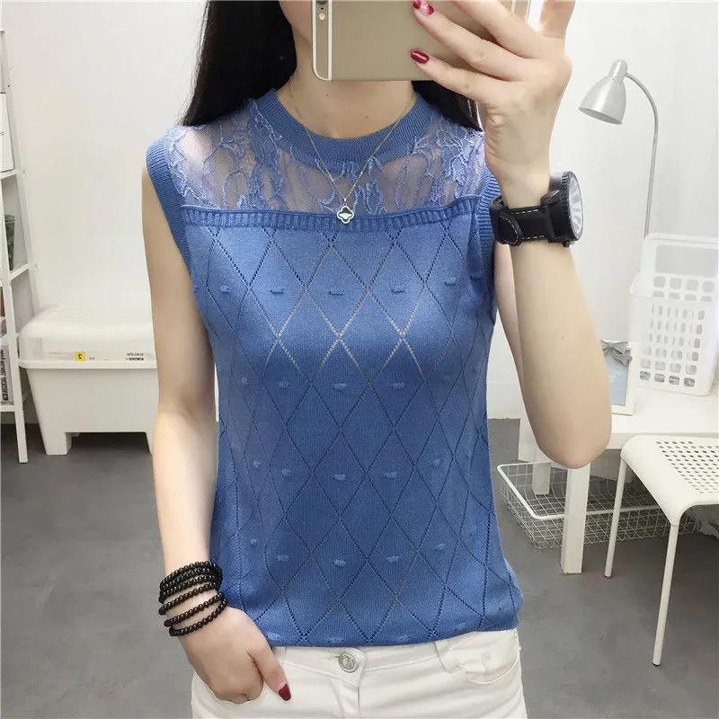 

Кружевная нижняя рубашка с круглым вырезом, женская рубашка без рукавов больших размеров, свободный вязаный свитер, футболка, топ M синий