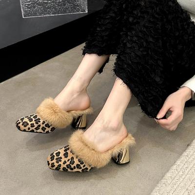 Élégance Femmes Fourrure Épaisse Demi-Pantoufles Bout Carré Sexy Léopard Peluche Courte Talons Hauts Mules Chaussures 2025 Hiver Escarpins de Créateur