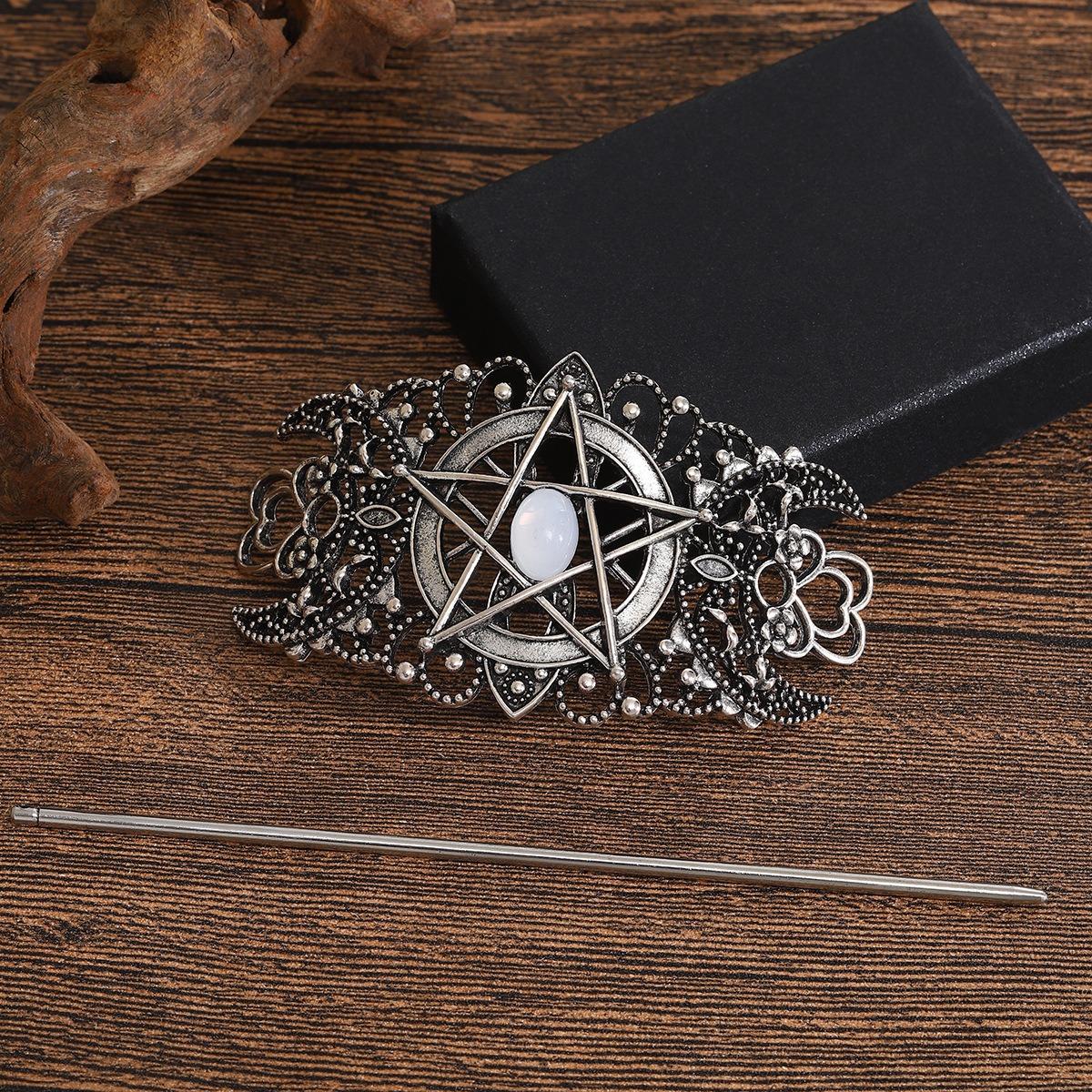 

Gothic Style Pentagram Gemstone Hairpin Vintage Silver Decoration Hollowed Out Pattern Hairpin Dark Themed Boutique Headwear