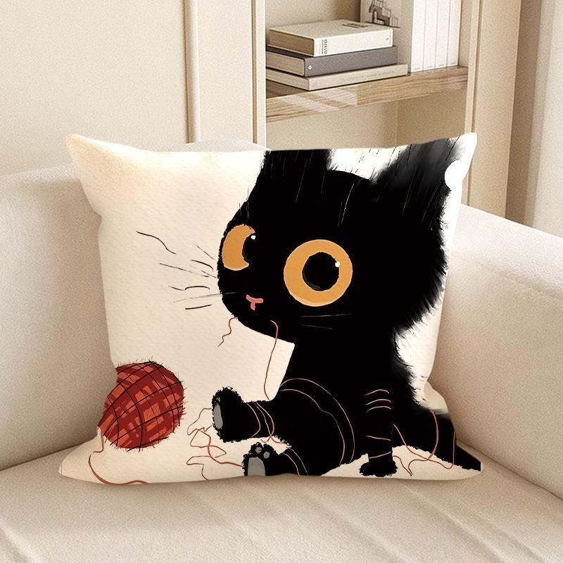 Cute Black Cat Cartoon Throw Pillow Cover - Minimalist Animal Home Decor