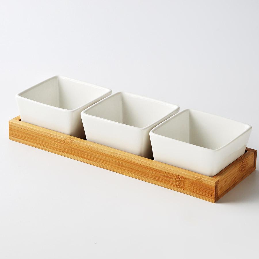 MUZITY Keramik Dessertteller Quadratische Form Obstteller Mit Bambus- und Holztablett Porzellan Kuchen- oder Süßigkeitenteller