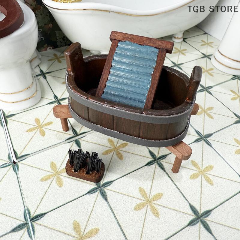3Pcs/Set 1:12 Dollhouse Miniature Wooden Barrel Washboard Brush Laundry Scene Micro Landscape Ornaments Pretend Play Toys
